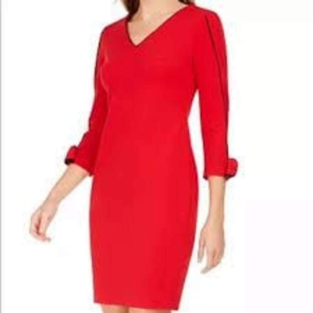 Calvin Klein V-Neck Bow-Sleeve Sheath Dress with Black Trim, Pink Sz M